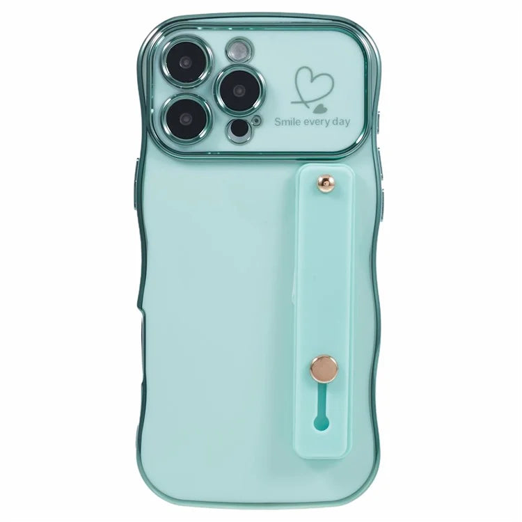 For iPhone 16 Pro Max Case Love Heart Electroplated TPU Phone Cover with Wrist Strap Kickstand
