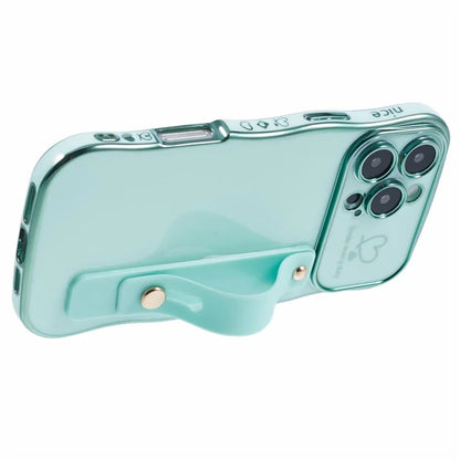 For iPhone 16 Pro Max Case Love Heart Electroplated TPU Phone Cover with Wrist Strap Kickstand