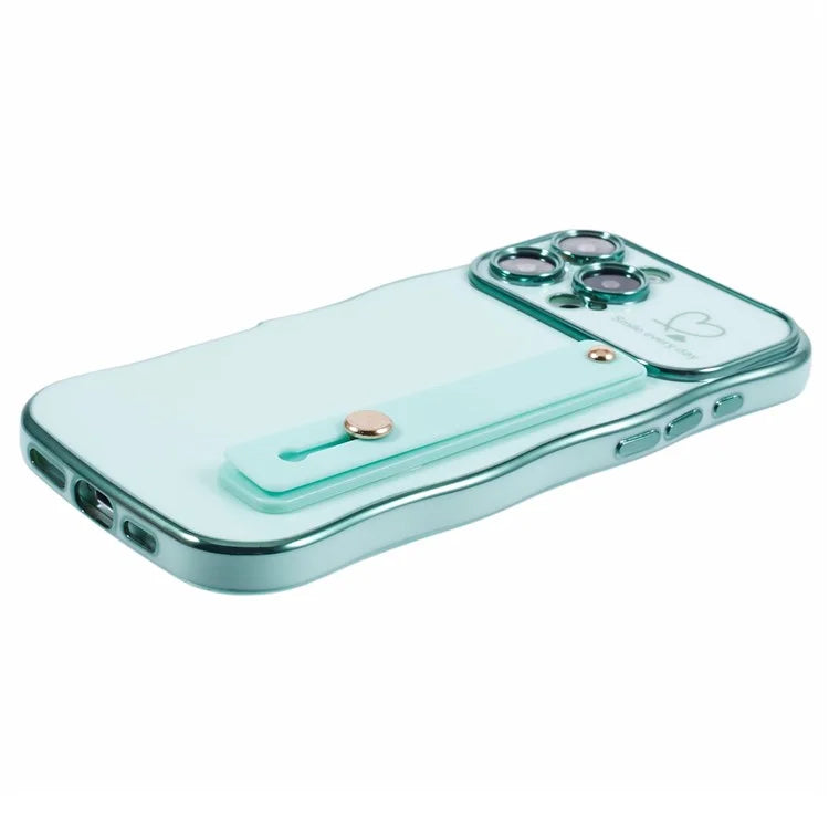 For iPhone 16 Pro Max Case Love Heart Electroplated TPU Phone Cover with Wrist Strap Kickstand