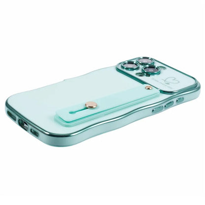 For iPhone 16 Pro Max Case Love Heart Electroplated TPU Phone Cover with Wrist Strap Kickstand