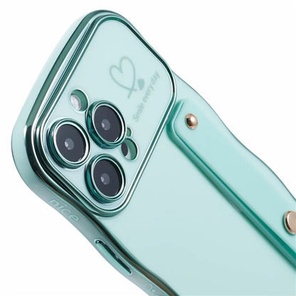 For iPhone 16 Pro Max Case Love Heart Electroplated TPU Phone Cover with Wrist Strap Kickstand
