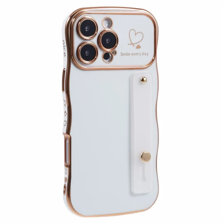 For iPhone 16 Pro Max Case Love Heart Electroplated TPU Phone Cover with Wrist Strap Kickstand