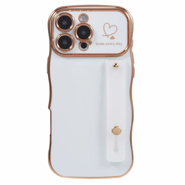 For iPhone 16 Pro Max Case Love Heart Electroplated TPU Phone Cover with Wrist Strap Kickstand