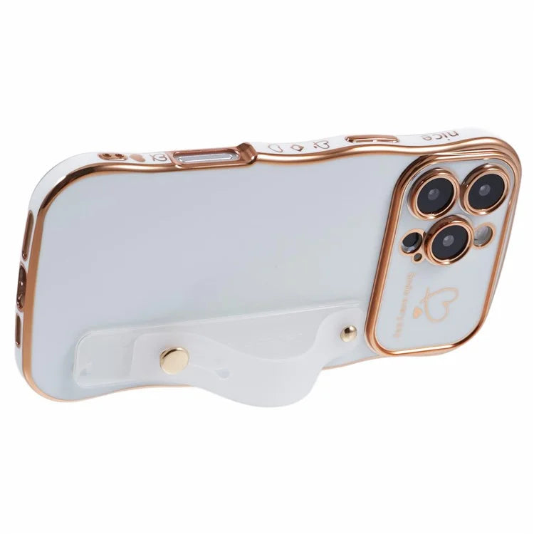 For iPhone 16 Pro Max Case Love Heart Electroplated TPU Phone Cover with Wrist Strap Kickstand