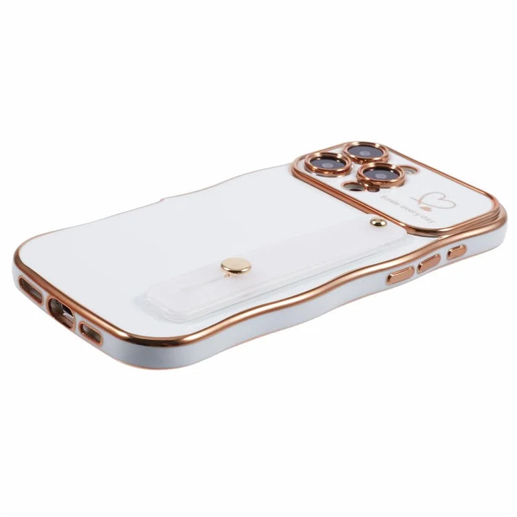 For iPhone 16 Pro Max Case Love Heart Electroplated TPU Phone Cover with Wrist Strap Kickstand