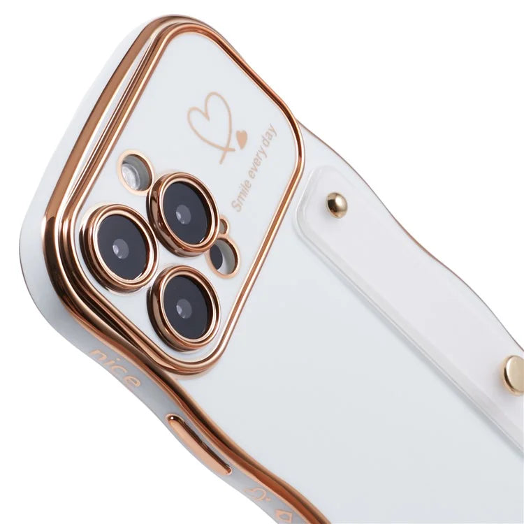 For iPhone 16 Pro Max Case Love Heart Electroplated TPU Phone Cover with Wrist Strap Kickstand