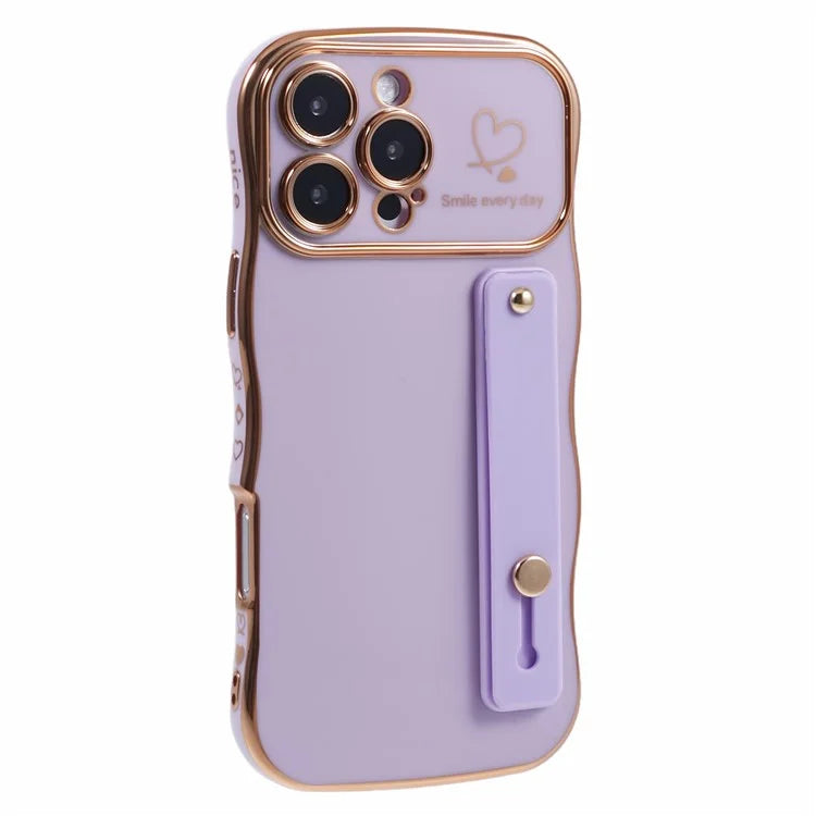 For iPhone 16 Pro Max Case Love Heart Electroplated TPU Phone Cover with Wrist Strap Kickstand