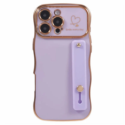 For iPhone 16 Pro Max Case Love Heart Electroplated TPU Phone Cover with Wrist Strap Kickstand