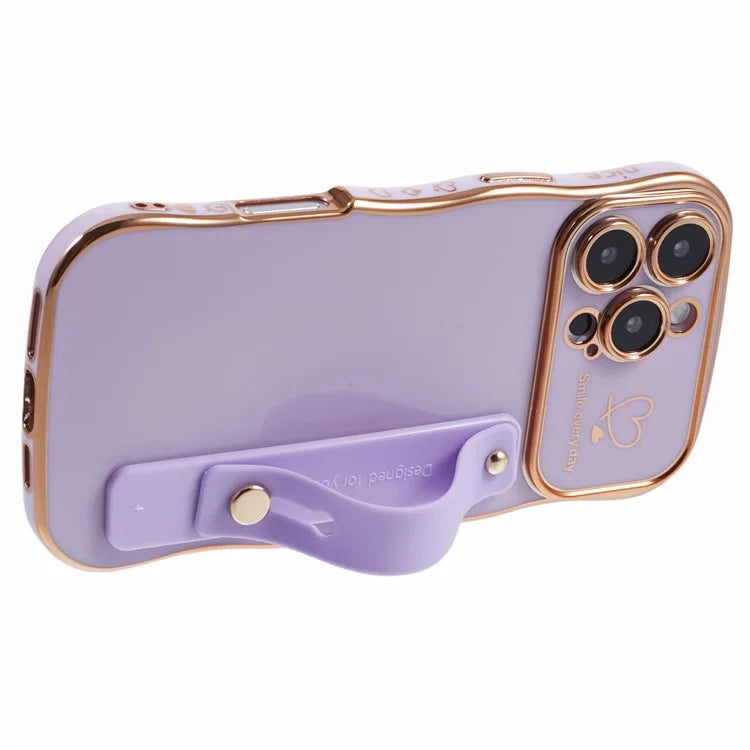 For iPhone 16 Pro Max Case Love Heart Electroplated TPU Phone Cover with Wrist Strap Kickstand