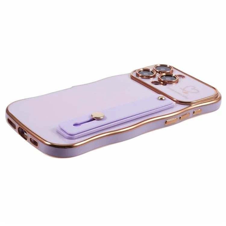 For iPhone 16 Pro Max Case Love Heart Electroplated TPU Phone Cover with Wrist Strap Kickstand