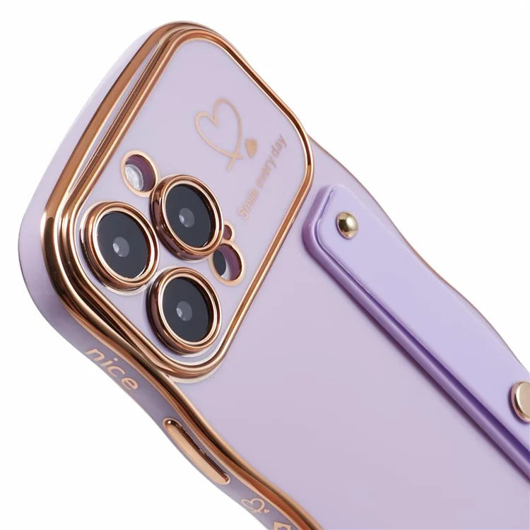 For iPhone 16 Pro Max Case Love Heart Electroplated TPU Phone Cover with Wrist Strap Kickstand