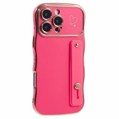 For iPhone 16 Pro Max Case Love Heart Electroplated TPU Phone Cover with Wrist Strap Kickstand