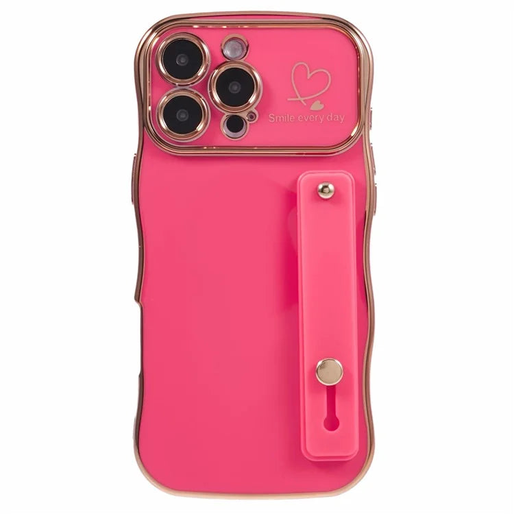 For iPhone 16 Pro Max Case Love Heart Electroplated TPU Phone Cover with Wrist Strap Kickstand