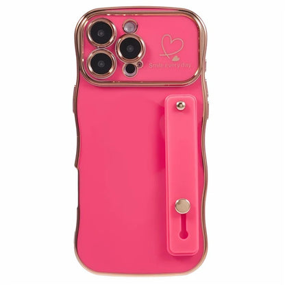 For iPhone 16 Pro Max Case Love Heart Electroplated TPU Phone Cover with Wrist Strap Kickstand