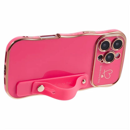 For iPhone 16 Pro Max Case Love Heart Electroplated TPU Phone Cover with Wrist Strap Kickstand