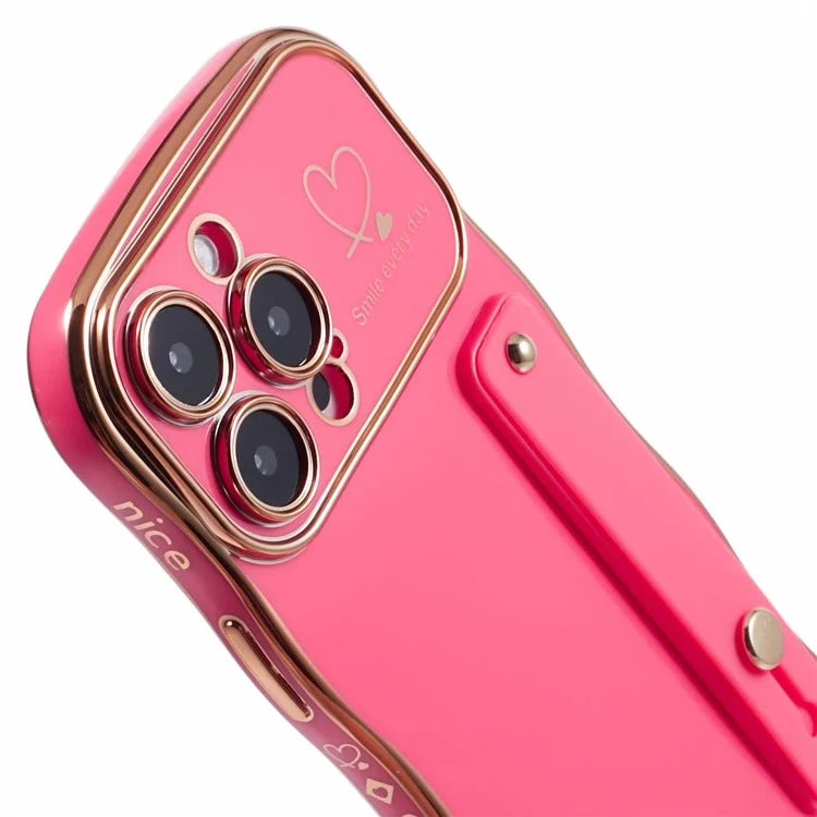For iPhone 16 Pro Max Case Love Heart Electroplated TPU Phone Cover with Wrist Strap Kickstand