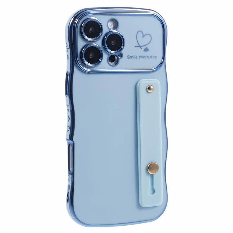 For iPhone 16 Pro Max Case Love Heart Electroplated TPU Phone Cover with Wrist Strap Kickstand