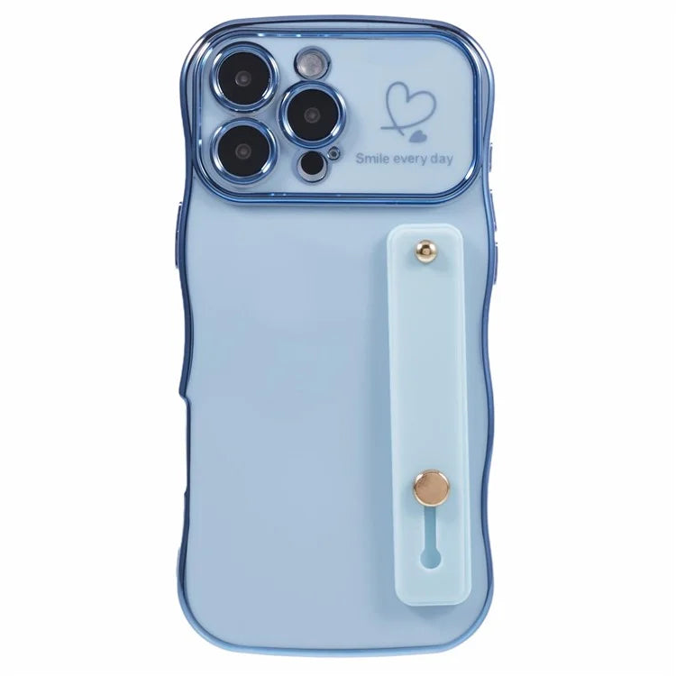 For iPhone 16 Pro Max Case Love Heart Electroplated TPU Phone Cover with Wrist Strap Kickstand