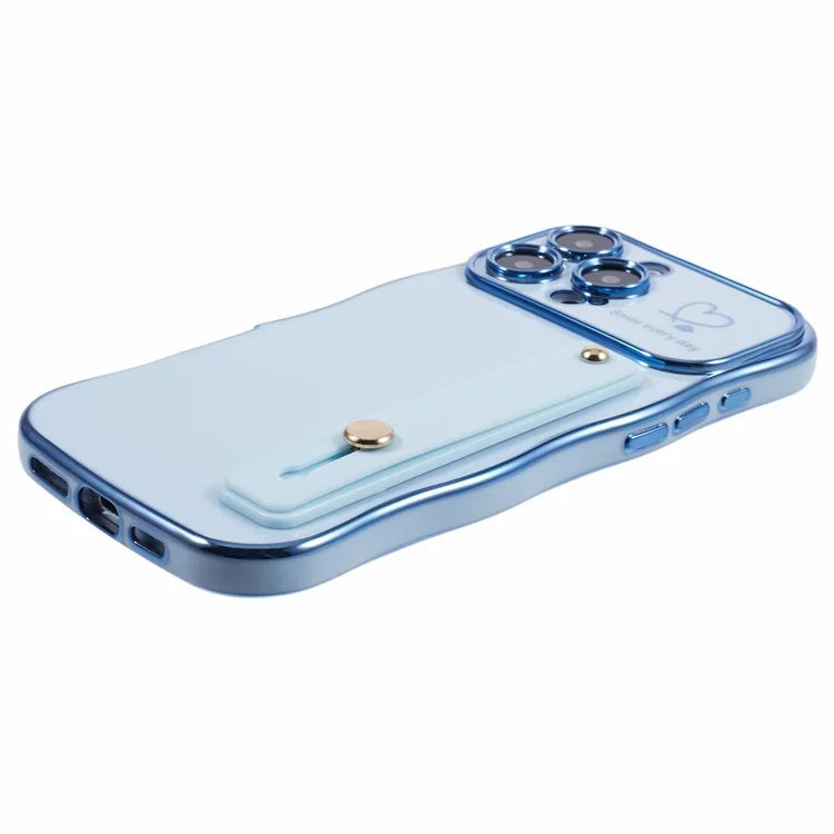 For iPhone 16 Pro Max Case Love Heart Electroplated TPU Phone Cover with Wrist Strap Kickstand