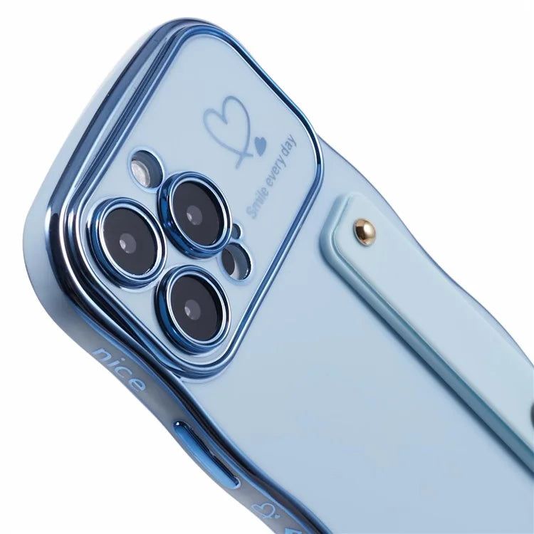 For iPhone 16 Pro Max Case Love Heart Electroplated TPU Phone Cover with Wrist Strap Kickstand
