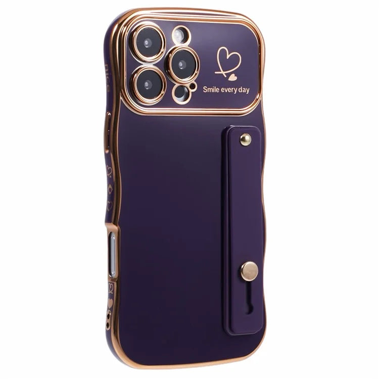 For iPhone 16 Pro Max Case Love Heart Electroplated TPU Phone Cover with Wrist Strap Kickstand