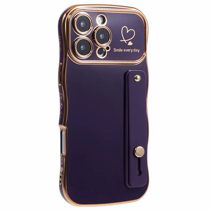 For iPhone 16 Pro Max Case Love Heart Electroplated TPU Phone Cover with Wrist Strap Kickstand