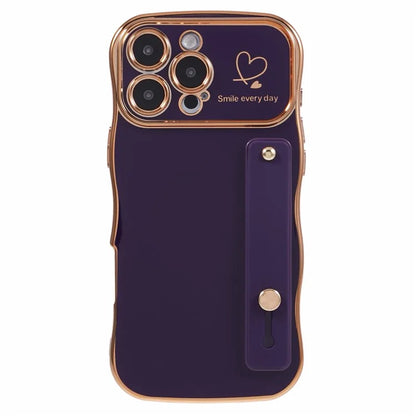For iPhone 16 Pro Max Case Love Heart Electroplated TPU Phone Cover with Wrist Strap Kickstand