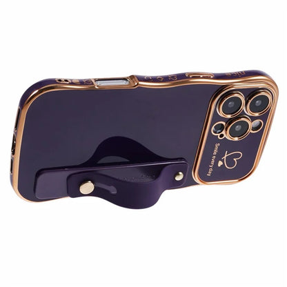 For iPhone 16 Pro Max Case Love Heart Electroplated TPU Phone Cover with Wrist Strap Kickstand