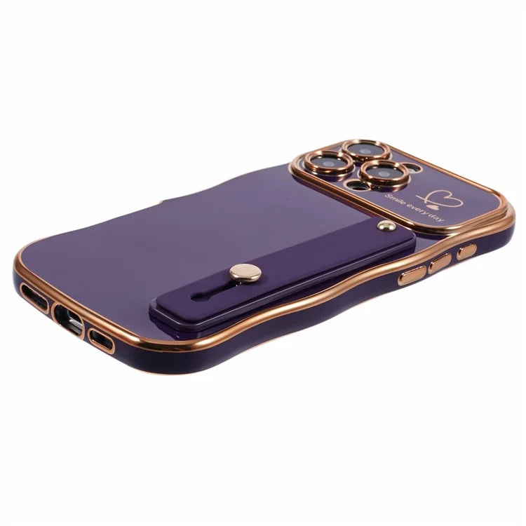 For iPhone 16 Pro Max Case Love Heart Electroplated TPU Phone Cover with Wrist Strap Kickstand