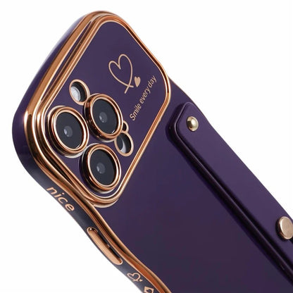 For iPhone 16 Pro Max Case Love Heart Electroplated TPU Phone Cover with Wrist Strap Kickstand
