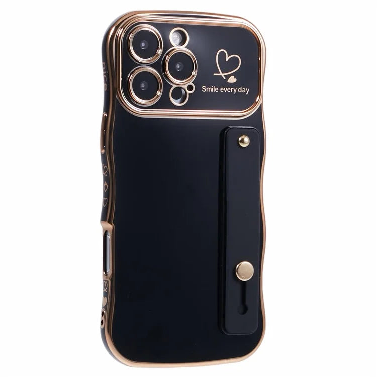 For iPhone 16 Pro Max Case Love Heart Electroplated TPU Phone Cover with Wrist Strap Kickstand