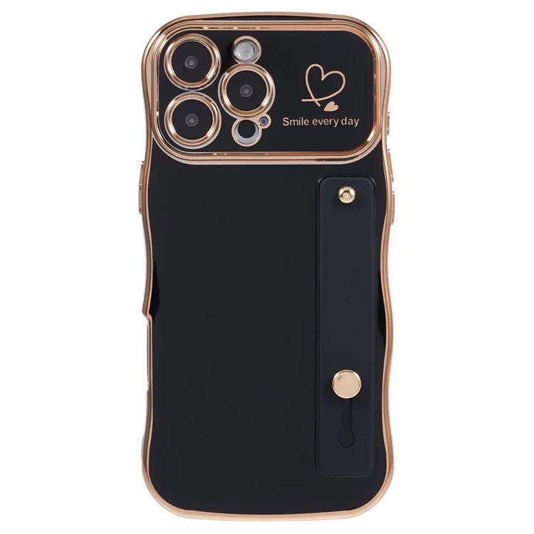 For iPhone 16 Pro Max Case Love Heart Electroplated TPU Phone Cover with Wrist Strap Kickstand