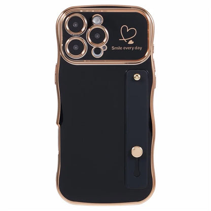 For iPhone 16 Pro Max Case Love Heart Electroplated TPU Phone Cover with Wrist Strap Kickstand