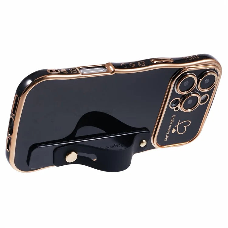 For iPhone 16 Pro Max Case Love Heart Electroplated TPU Phone Cover with Wrist Strap Kickstand
