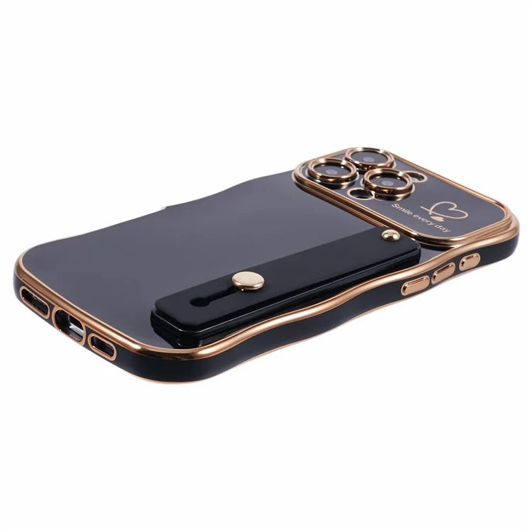 For iPhone 16 Pro Max Case Love Heart Electroplated TPU Phone Cover with Wrist Strap Kickstand