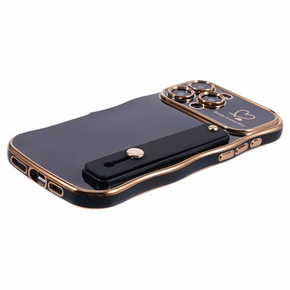 For iPhone 16 Pro Max Case Love Heart Electroplated TPU Phone Cover with Wrist Strap Kickstand