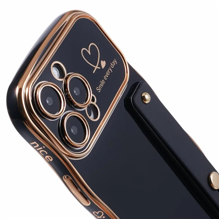 For iPhone 16 Pro Max Case Love Heart Electroplated TPU Phone Cover with Wrist Strap Kickstand