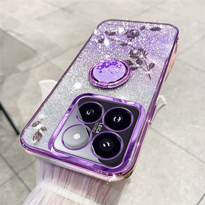 KADEM For  Xiaomi 14T Pro Case Ring Kickstand TPU Flowers Phone Cover Gradient Glitter