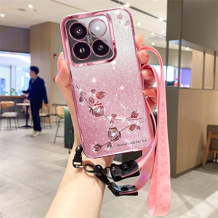 KADEM For Xiaomi 14T Pro Case Flower Pattern TPU Gradient Phone Cover with Lanyards