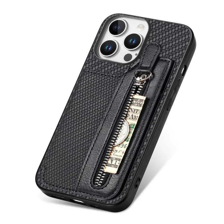 For iPhone 16 Pro Case Leather+PC+TPU Zipper Wallet Phone Shell Back Cover