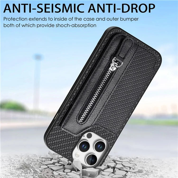 For iPhone 16 Pro Case Leather+PC+TPU Zipper Wallet Phone Shell Back Cover