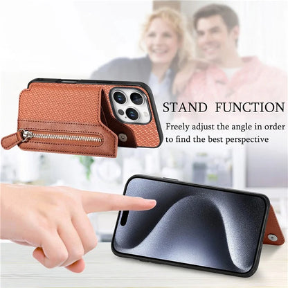 For iPhone 16 Pro Case Leather+PC+TPU Zipper Wallet Phone Shell Back Cover