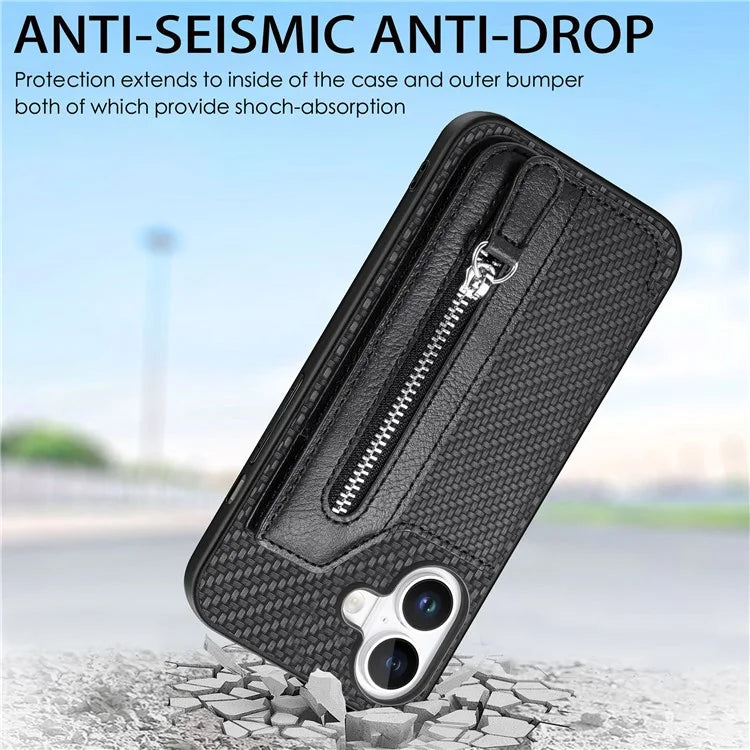 For iPhone 16 Case Leather+PC+TPU Zipper Wallet Phone Shell Back Cover