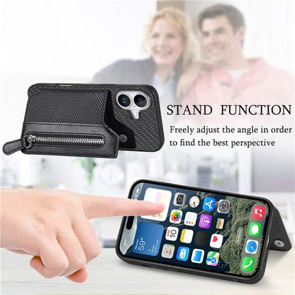 For iPhone 16 Case Leather+PC+TPU Zipper Wallet Phone Shell Back Cover