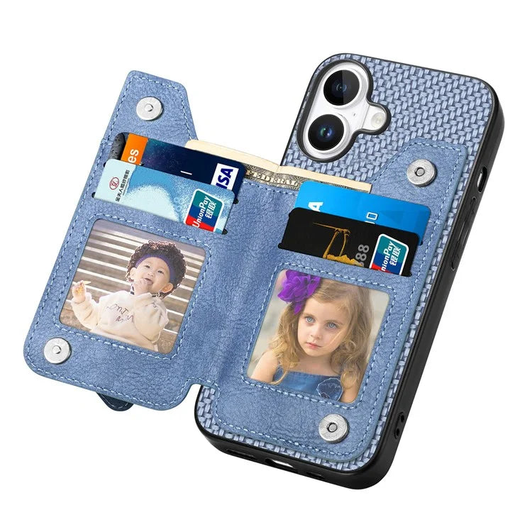 For iPhone 16 Case Leather+PC+TPU Zipper Wallet Phone Shell Back Cover