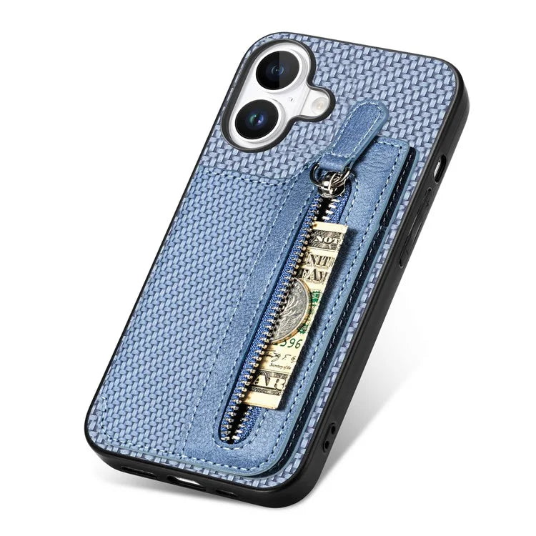 For iPhone 16 Case Leather+PC+TPU Zipper Wallet Phone Shell Back Cover