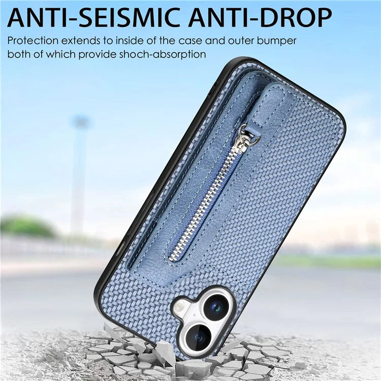 For iPhone 16 Case Leather+PC+TPU Zipper Wallet Phone Shell Back Cover