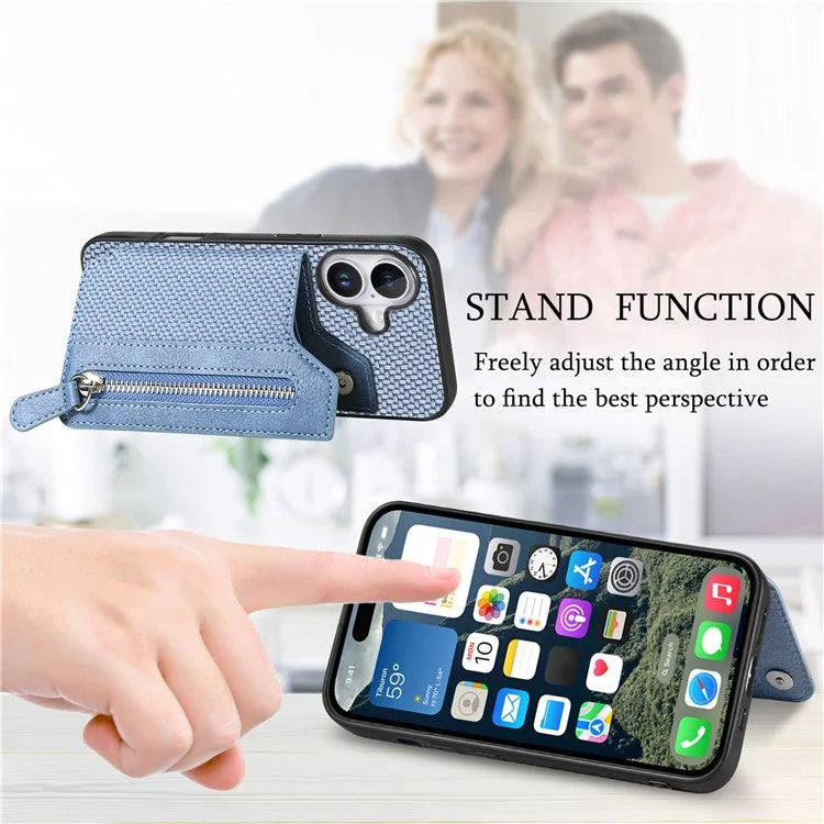 For iPhone 16 Case Leather+PC+TPU Zipper Wallet Phone Shell Back Cover