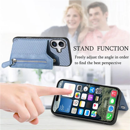 For iPhone 16 Case Leather+PC+TPU Zipper Wallet Phone Shell Back Cover