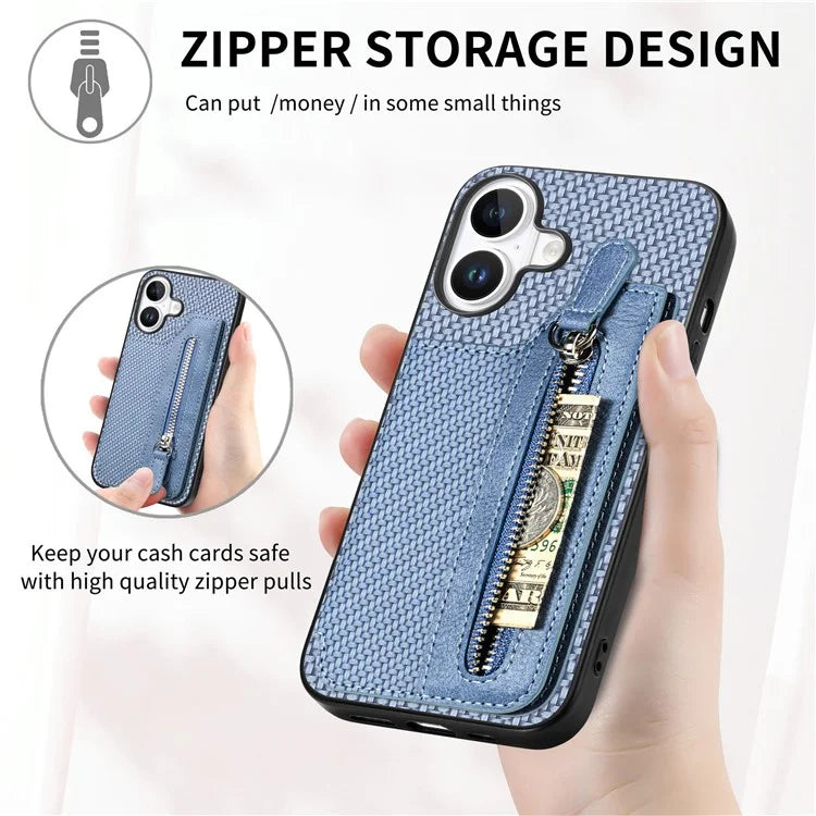 For iPhone 16 Case Leather+PC+TPU Zipper Wallet Phone Shell Back Cover